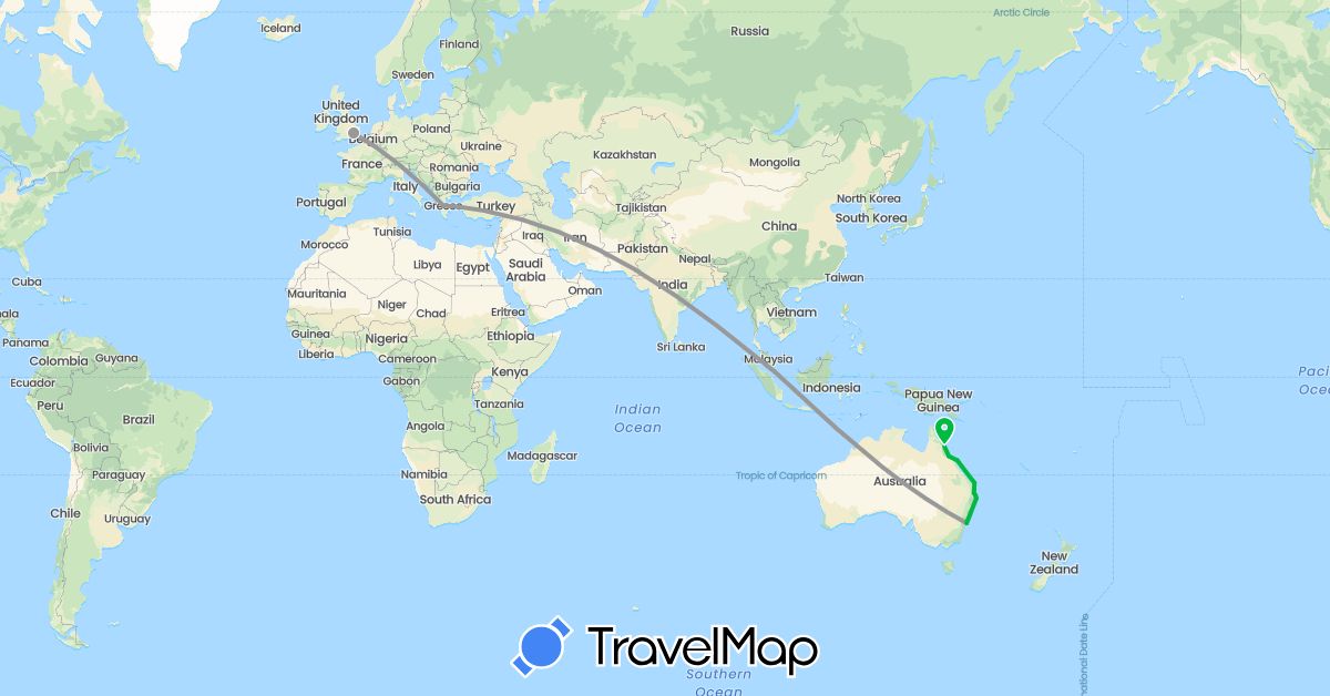TravelMap itinerary: driving, bus, plane in Australia, United Kingdom, Greece, Singapore (Asia, Europe, Oceania)